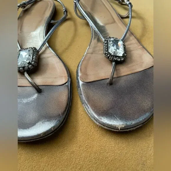Valentino Garavani Pewter Metallic Jeweled Flat Sandals 8 - Picture 9 of 9